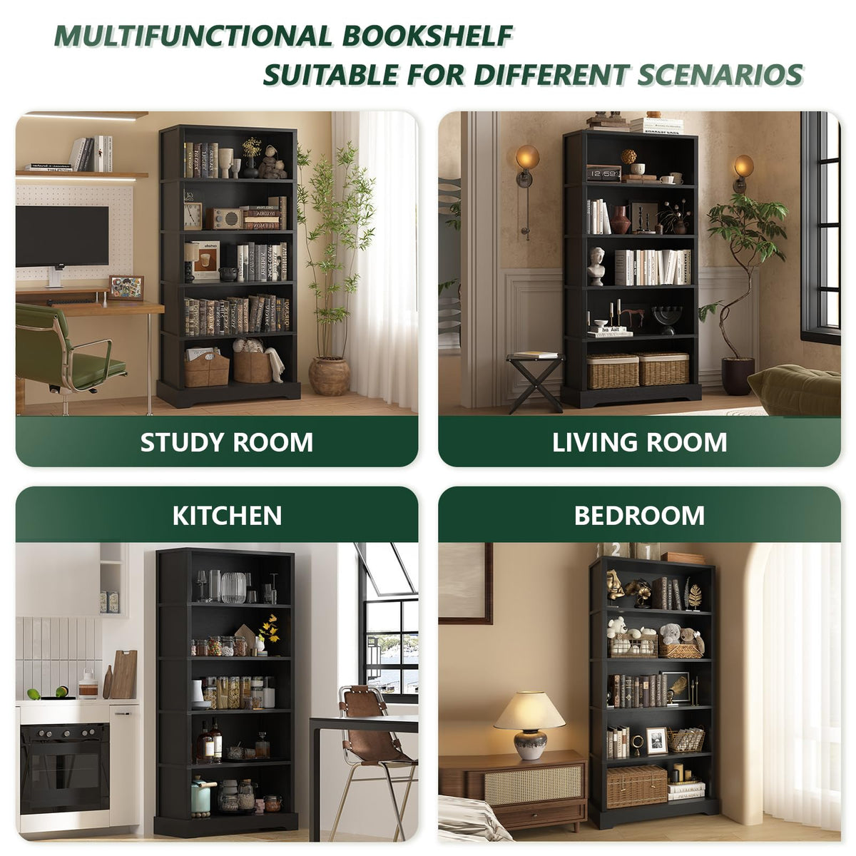 5 Tiers Wooden Bookshelf, 65.2" Tall 31.5" Wide Black O845093