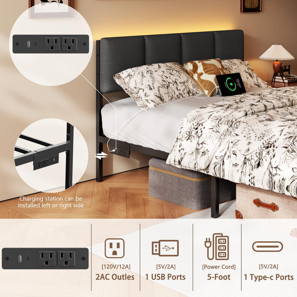 Full Size Bed Frame with Upholstered Headboard & 2 Storage Drawers Q201090