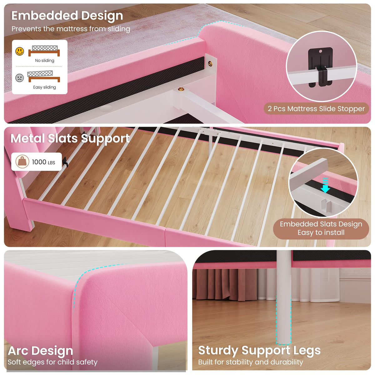 Pink Velvet Upholstered Twin Size Platform Bed with Storage Drawer Q2885