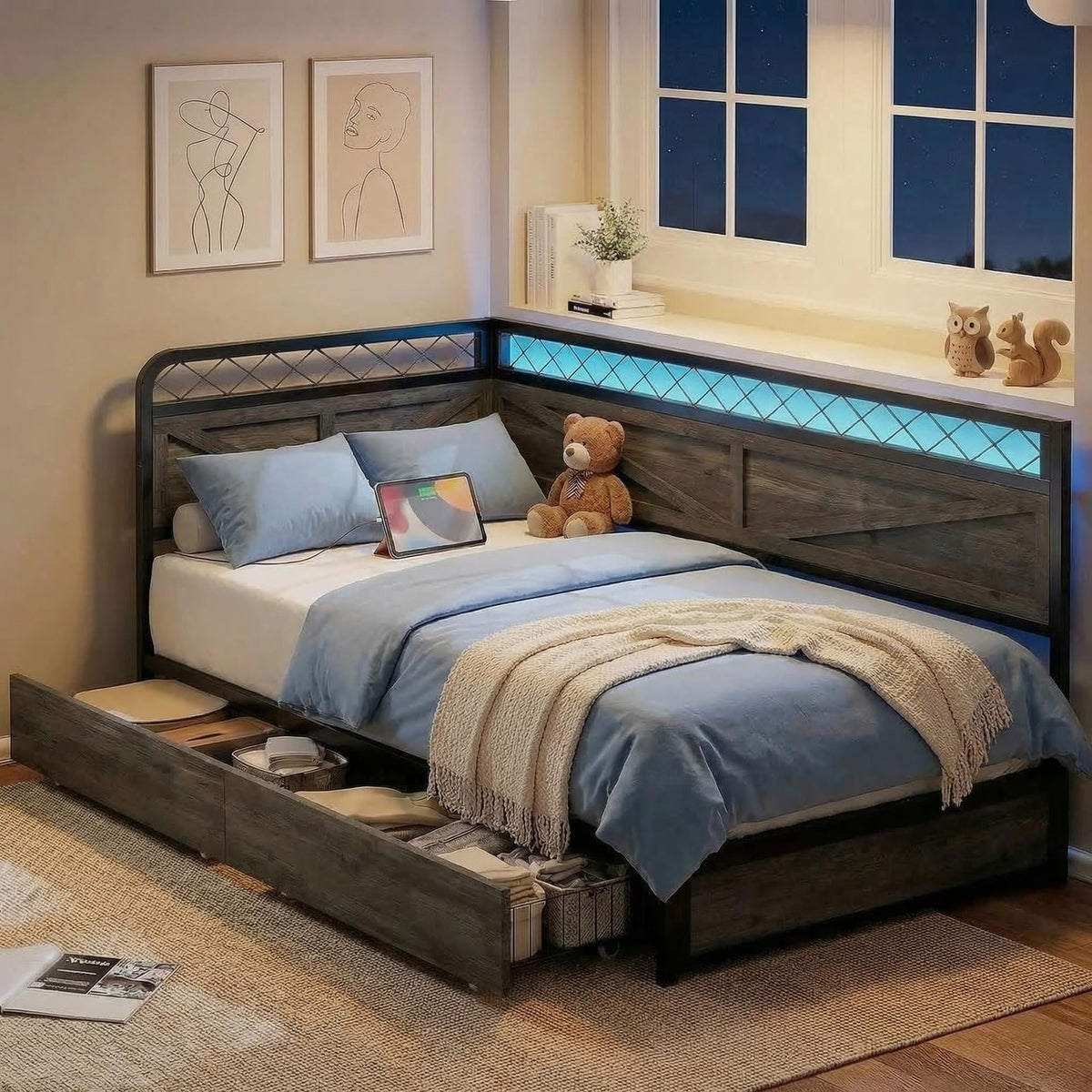 Twin Corner Bed Frame with Storage Drawers Y35728