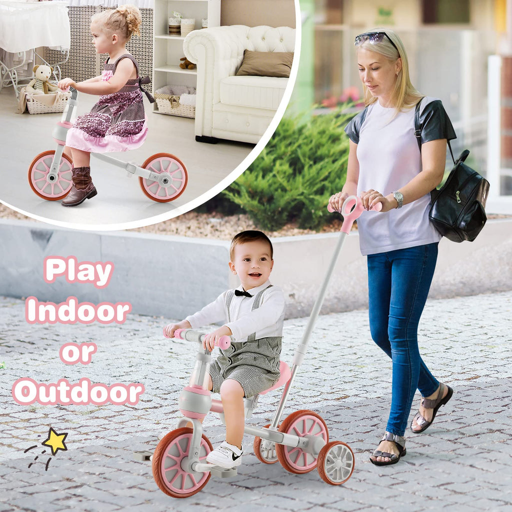 4 in 1 Tricycle with Adjustable Seat & Push Handle, Removable Pedals & Training Wheels, Pink E540