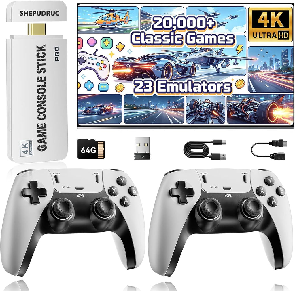 Wireless Retro Gaming Console Stick, 23 Built-In Emulators, 20,000+ Games, 4K HDMI Output, Dual 2.4G Wireless Controllers, 64GB O871932