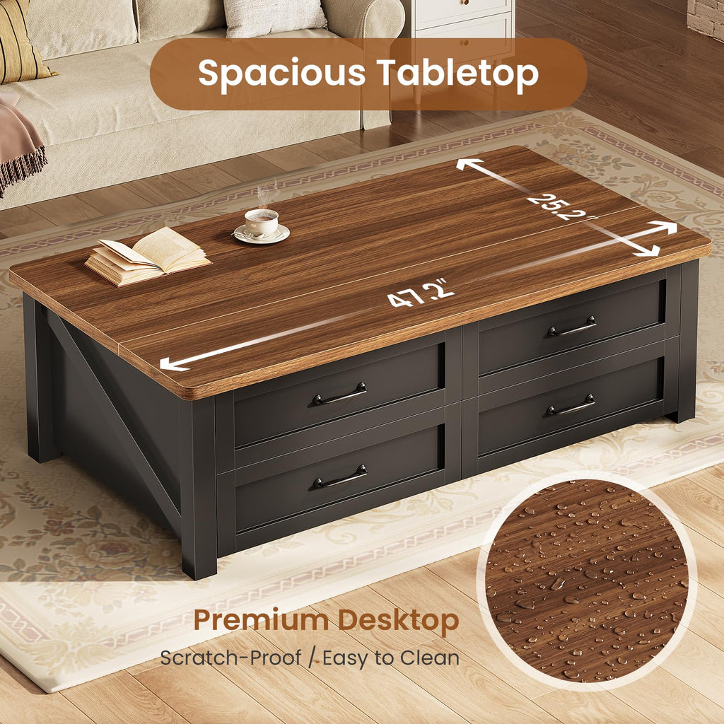 47.2" Lift Top Coffee Table with Storage, 4 Wood Drawers N86149