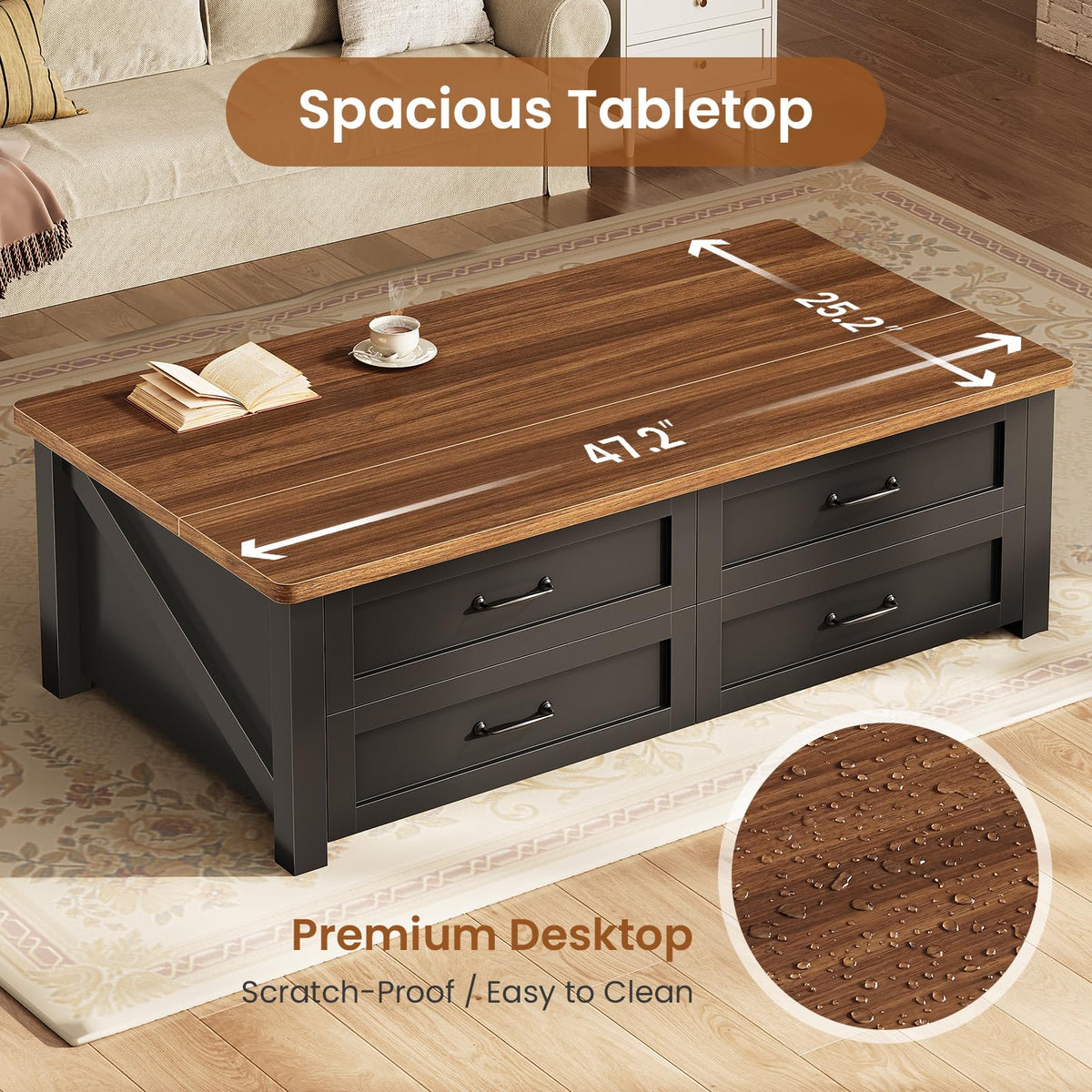 47.2" Lift Top Coffee Table with Storage, 4 Wood Drawers N86149