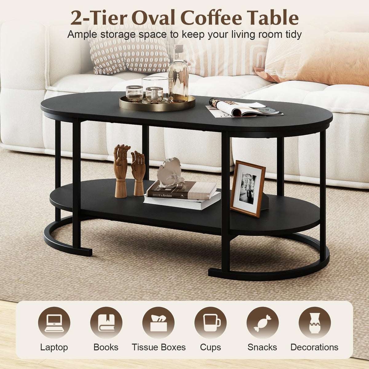 Black 2-Tier Oval Wood Coffee Table with Storage I547971