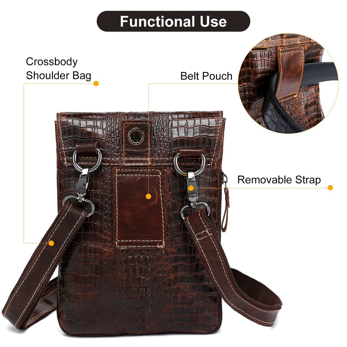 Brown Crocodile Embossed Genuine Leather Mini Messenger Bag K458835