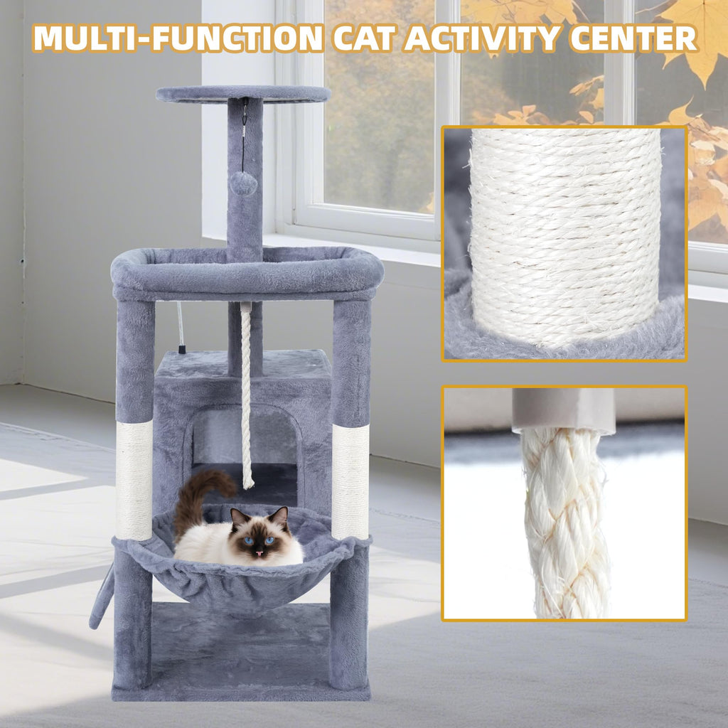 37.5" Cat Tree Tower with Scratching Board Hammock Grey B7650