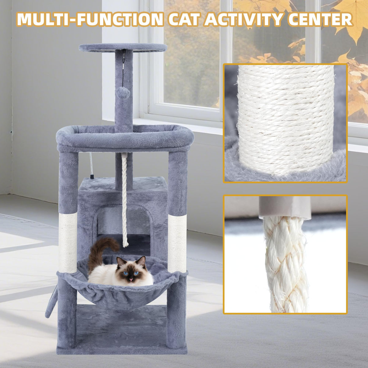 37.5" Cat Tree Tower with Scratching Board Hammock Grey B7650