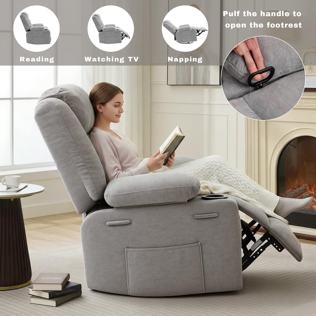 Grey Chenille Swivel Rocker Recliner Chair V1476