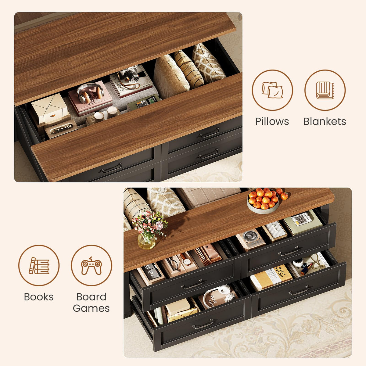 47.2" Lift Top Coffee Table with Storage, 4 Wood Drawers N86149