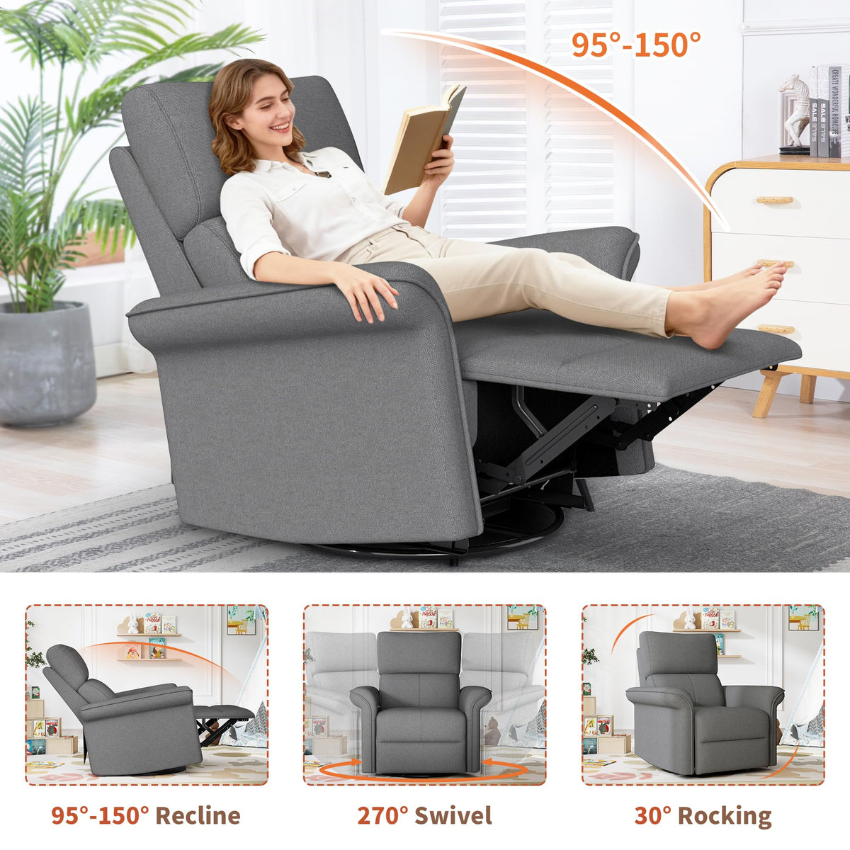 Velvet Grey Swivel Rocker Recliner Chair J458