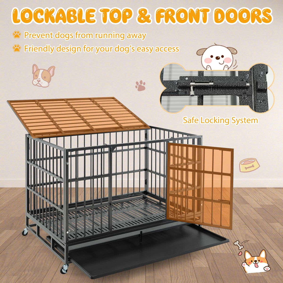 48 Inch Heavy-Duty Metal Dog Crate with Lockable Wheels A7309