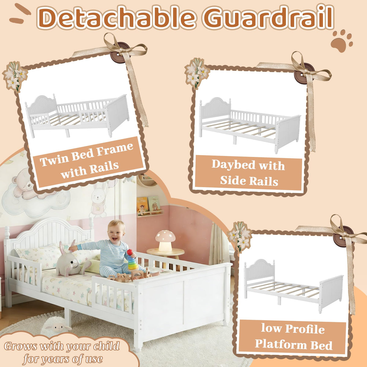 White Twin Bed Frame with Headboard and Rails I265666