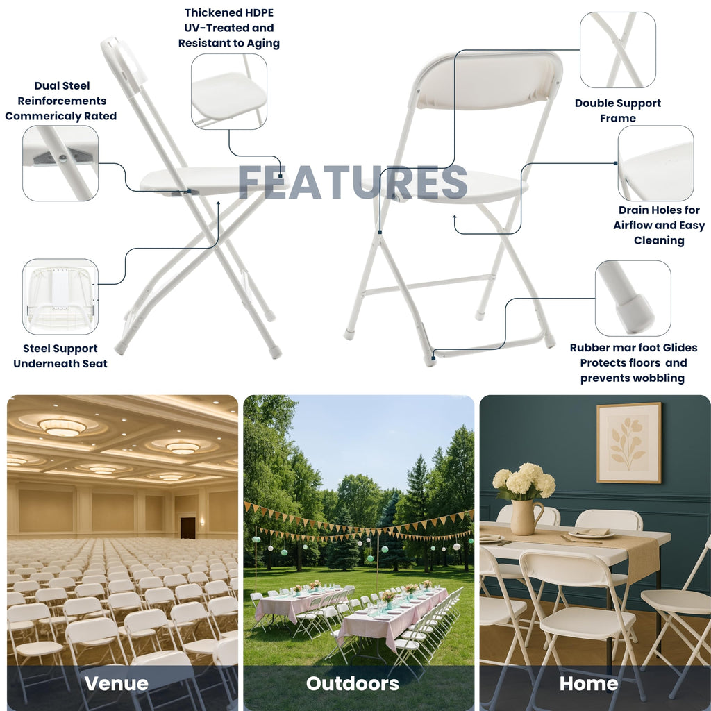 White Plastic Folding Chairs Set of 10 Steel Frame A8327