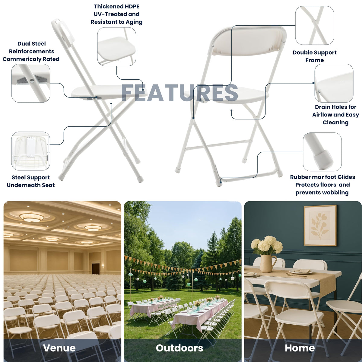 White Plastic Folding Chairs Set of 10 Steel Frame A8327