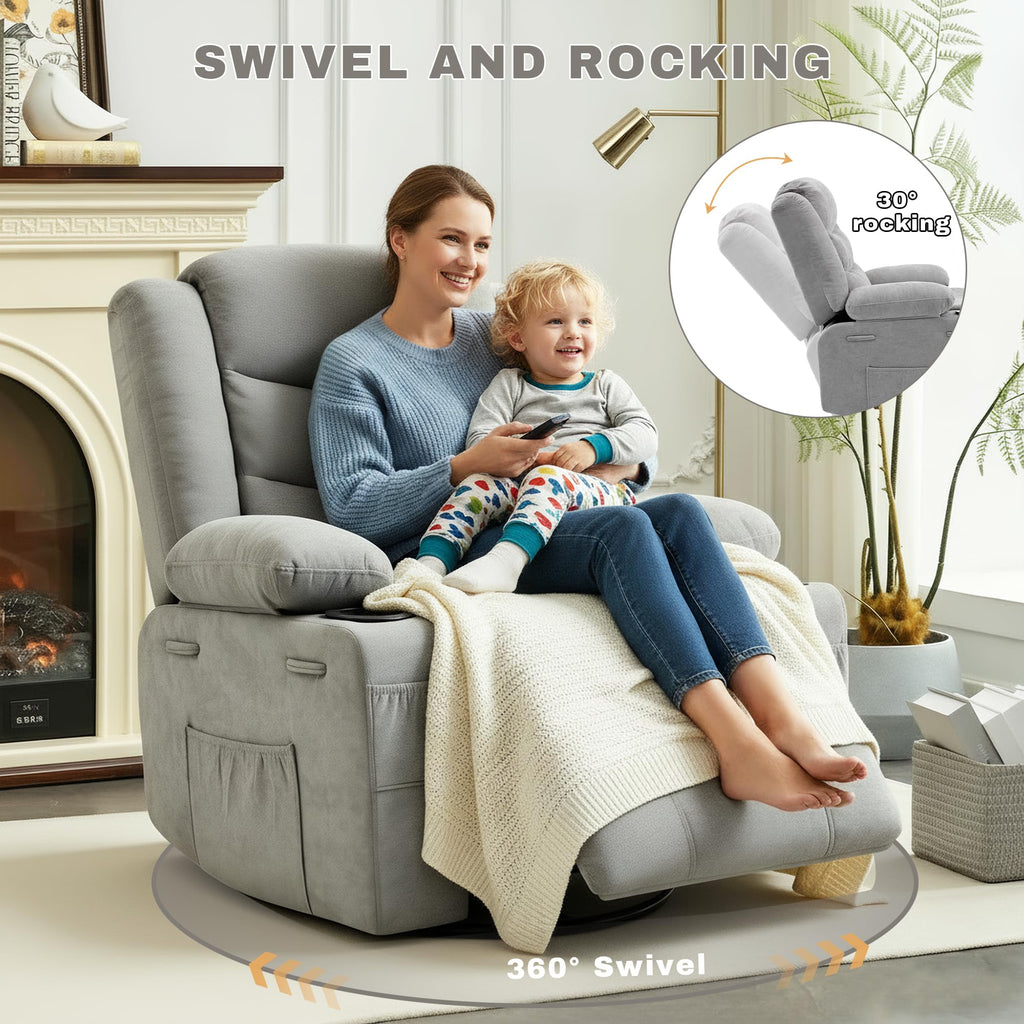 Grey Chenille Swivel Rocker Recliner Chair V1476