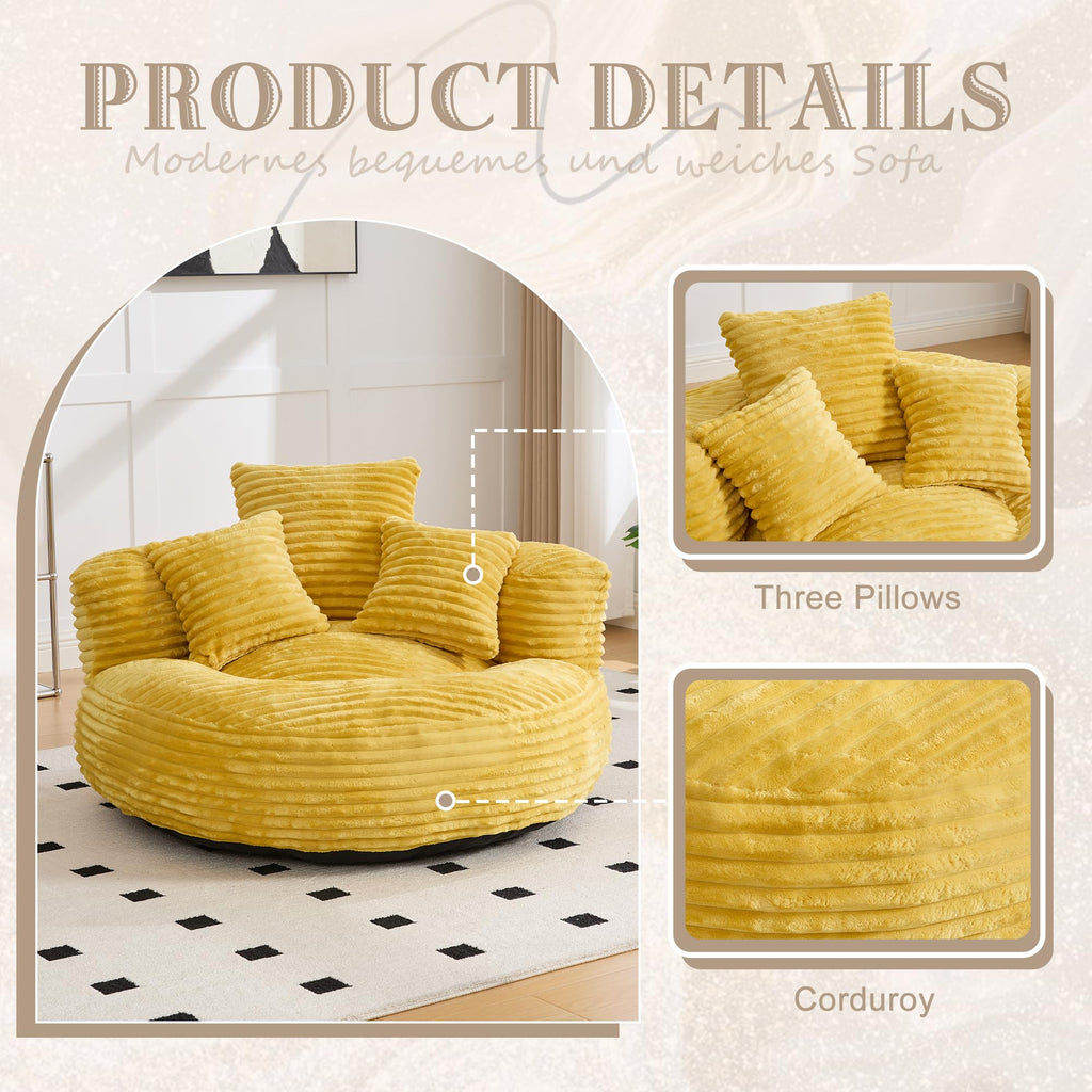Yellow Corduroy Bean Bag Sofa with 3 Pillows V346842