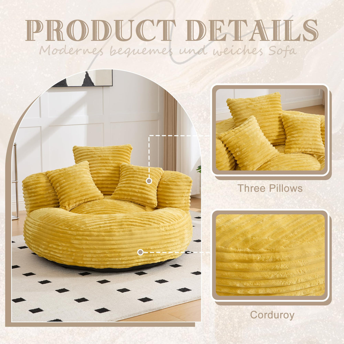 Yellow Corduroy Bean Bag Sofa with 3 Pillows V346842