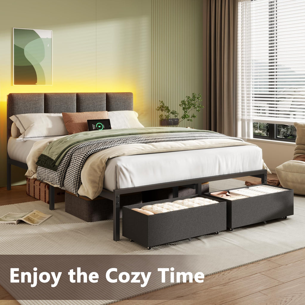 Full Size Bed Frame with Upholstered Headboard & 2 Storage Drawers Q201090