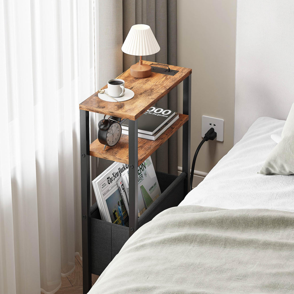 Narrow 3 Tier Side Table with Charging Station and Magazine Rack Q41564