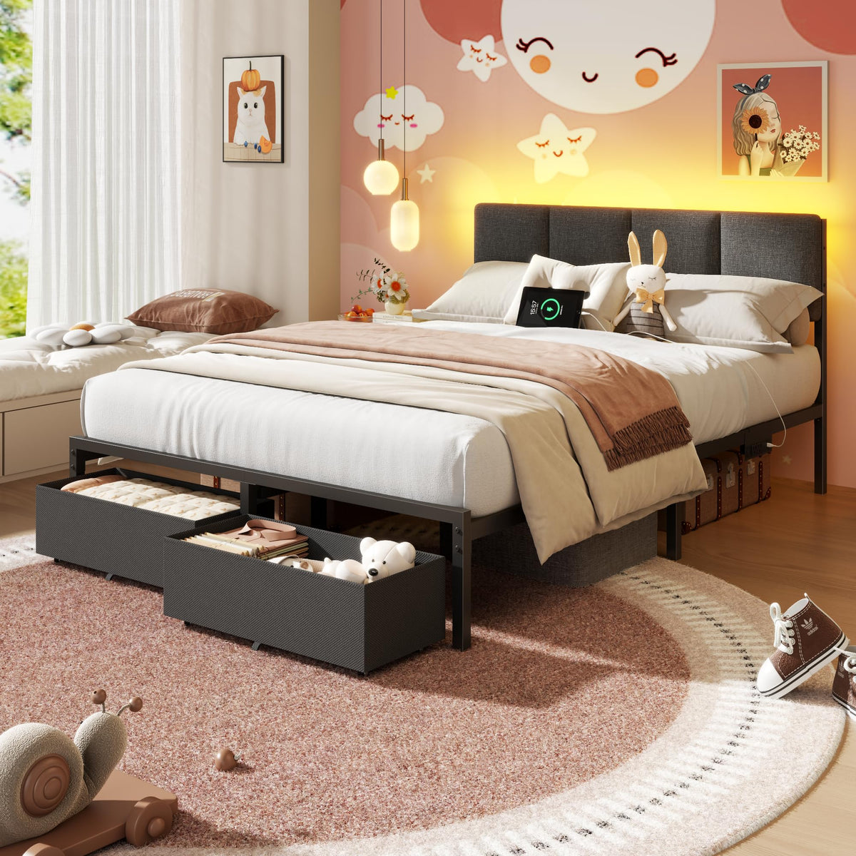 Full Size Bed Frame with Upholstered Headboard & 2 Storage Drawers Q201090