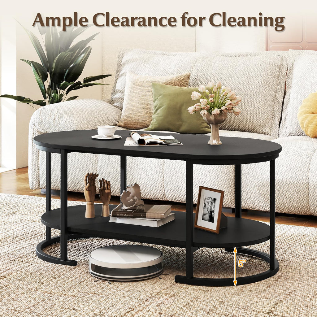 Black 2-Tier Oval Wood Coffee Table with Storage I547971