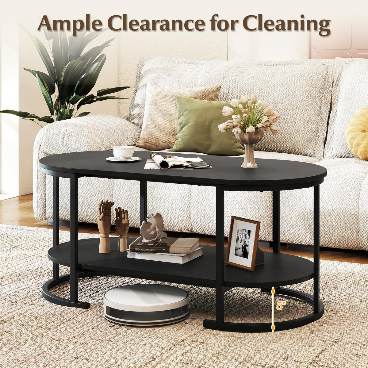 Black 2-Tier Oval Wood Coffee Table with Storage I547971