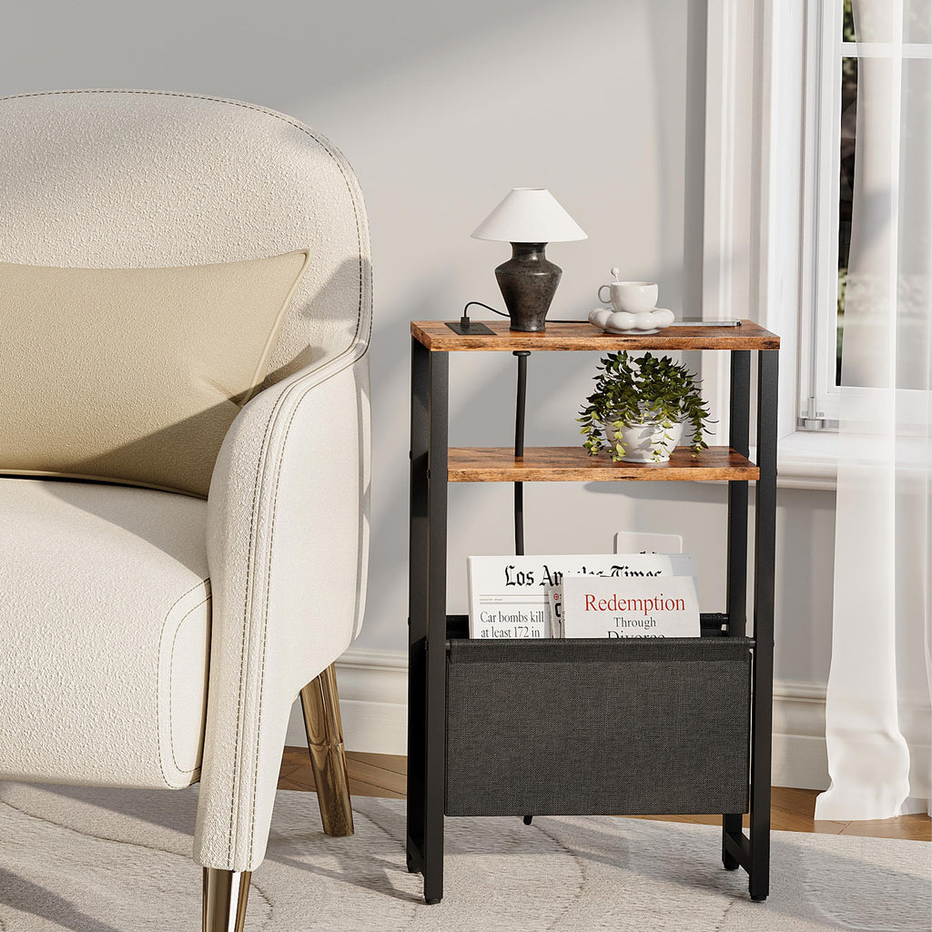Narrow 3 Tier Side Table with Charging Station and Magazine Rack Q41564