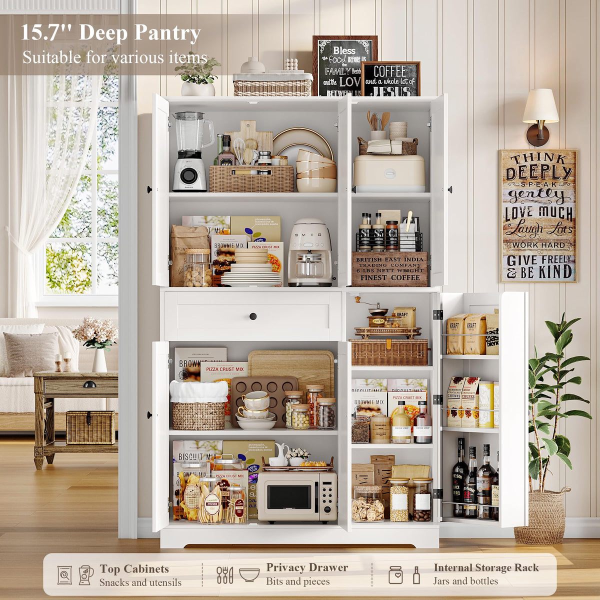 White Kitchen Pantry Storage Cabinet with Doors & Shelves M28927
