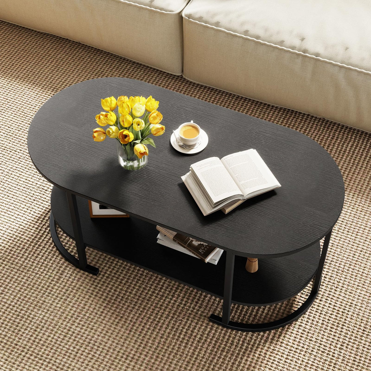 Black 2-Tier Oval Wood Coffee Table with Storage I547971