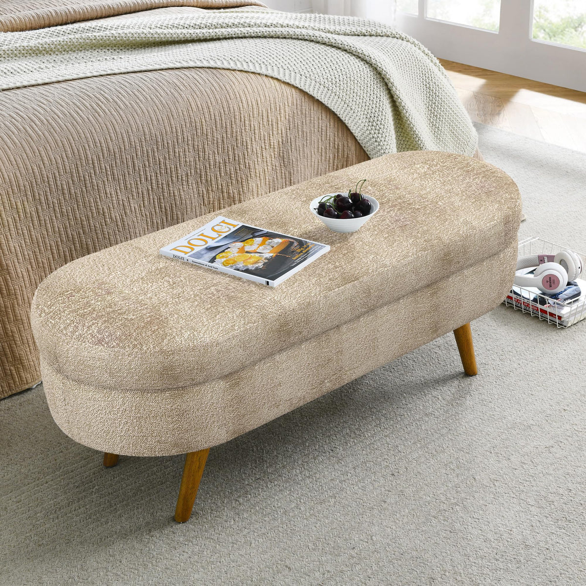 Oval Storage Bench with Rubber Wood Legs A60445