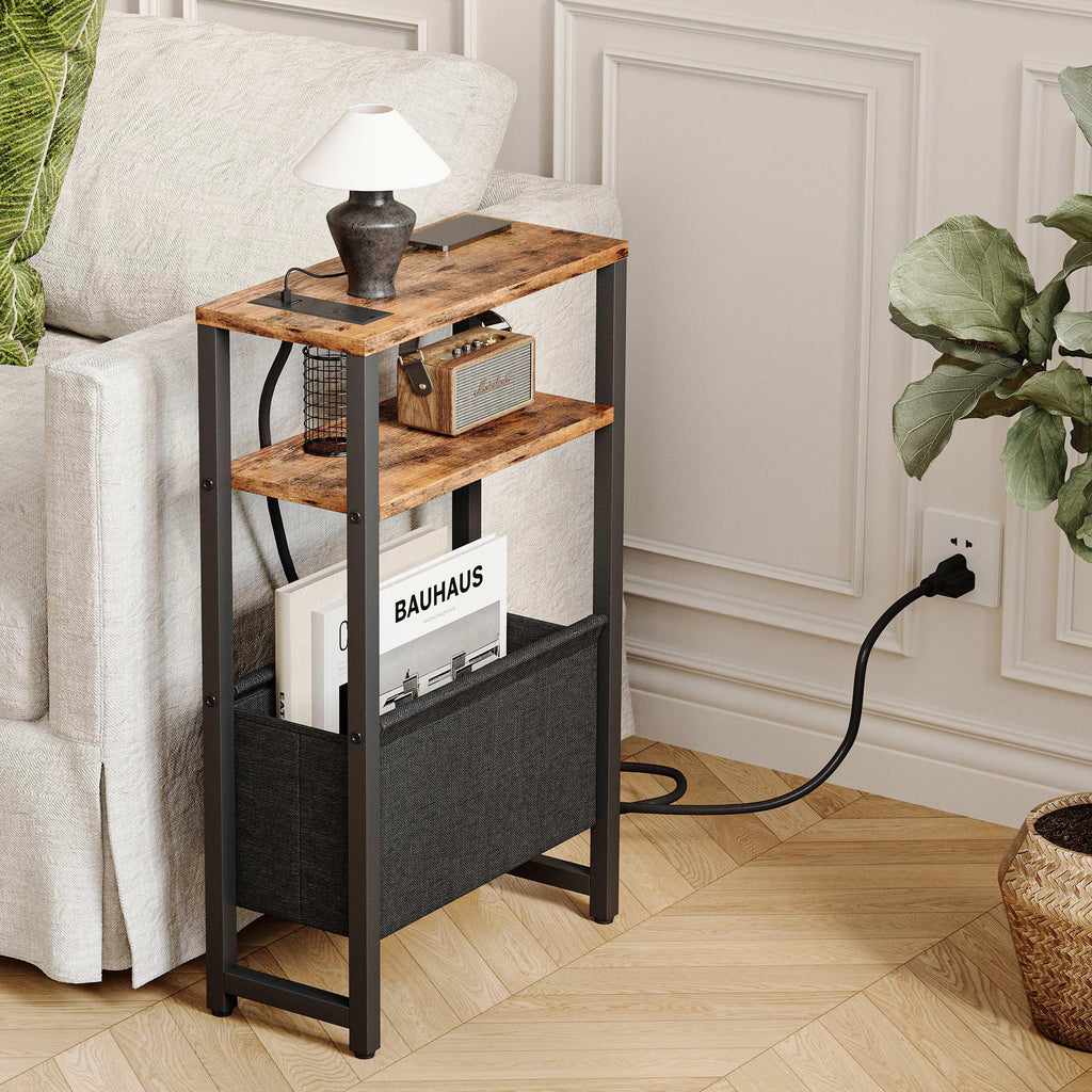 Narrow 3 Tier Side Table with Charging Station and Magazine Rack Q41564
