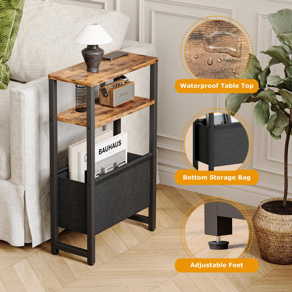 Narrow 3 Tier Side Table with Charging Station and Magazine Rack Q41564