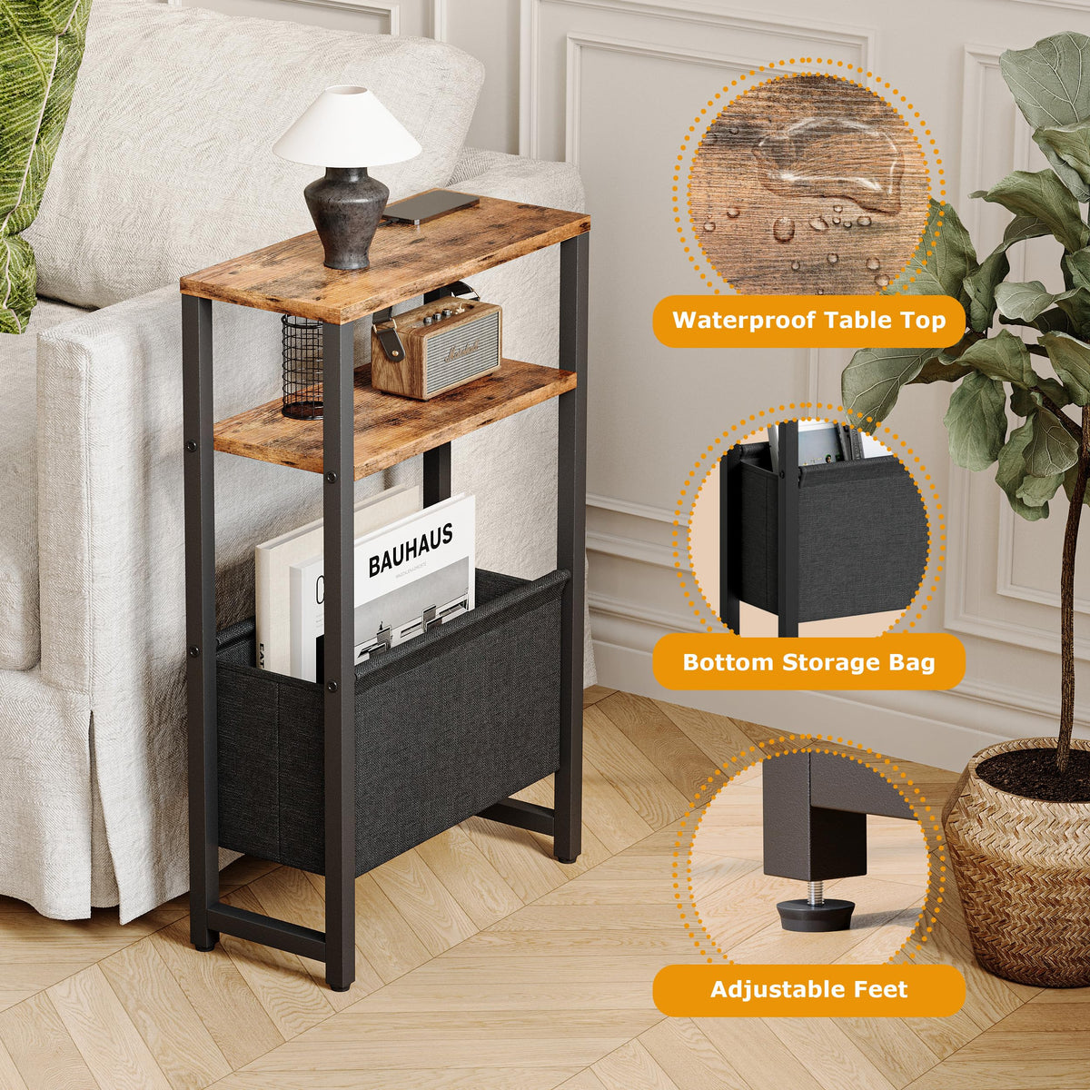 Narrow 3 Tier Side Table with Charging Station and Magazine Rack Q41564